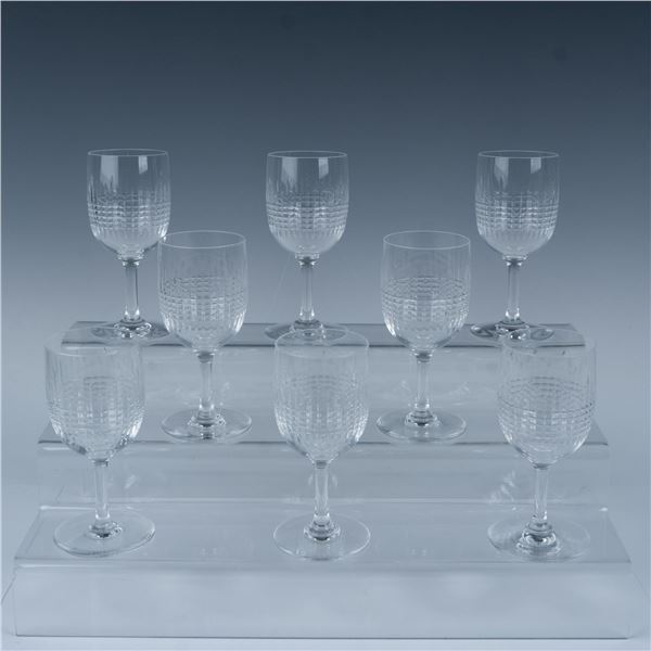 8pc Baccarat Crystal Claret Wine Glasses, Nancy Cut