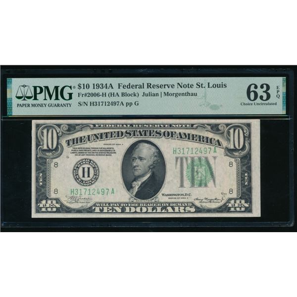 1934A $10 St Louis FRN PMG 63EPQ