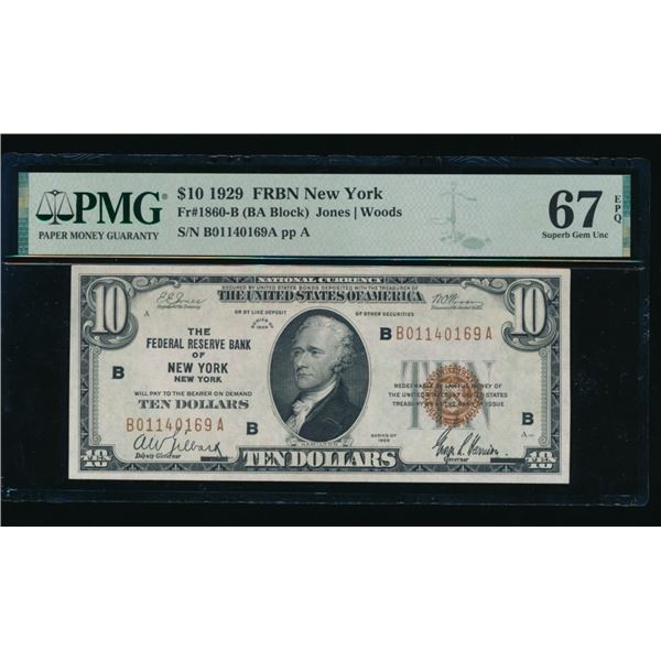 1929 $10 New York FRBN PMG 67EPQ