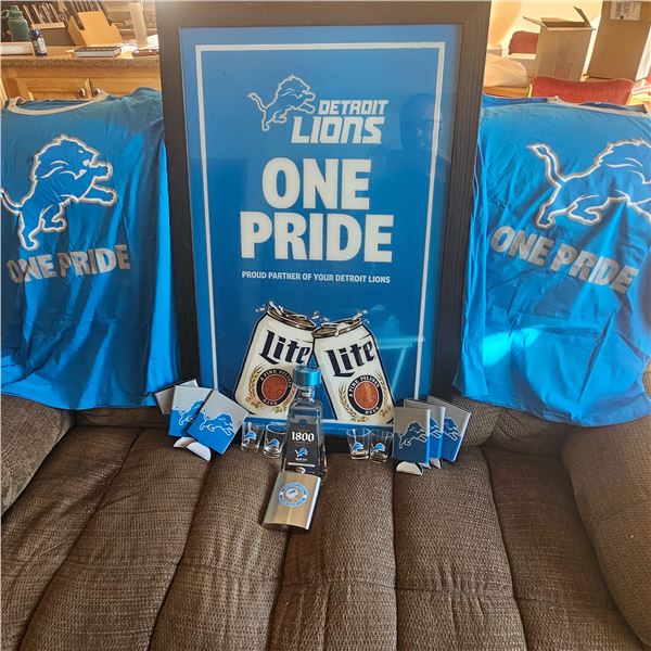 Lions-Tequila, flask w/shot glasses, beer mirror, 6 cozys and, 2 t-shirts