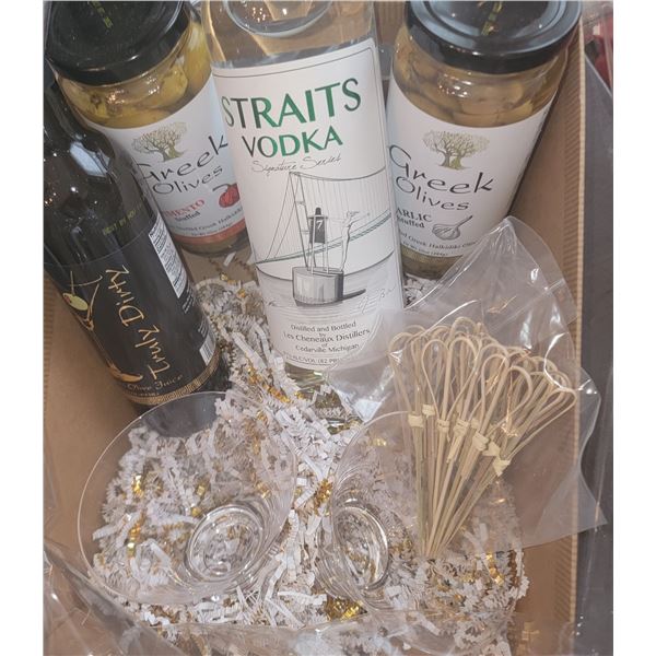 Gift Basket/Straigts Vodka, Martini Basket w/Greek Stuffed Olives, Cocktail Picks & Dirty Martini Ju