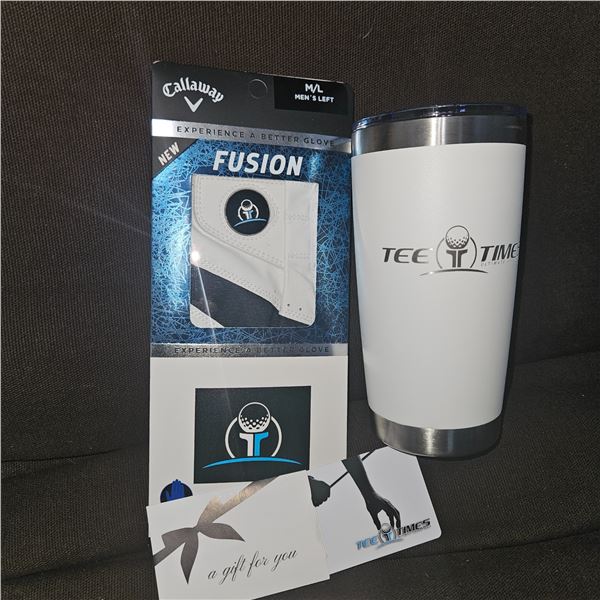 $100 Gift card, golf glove,and coffe tumbler