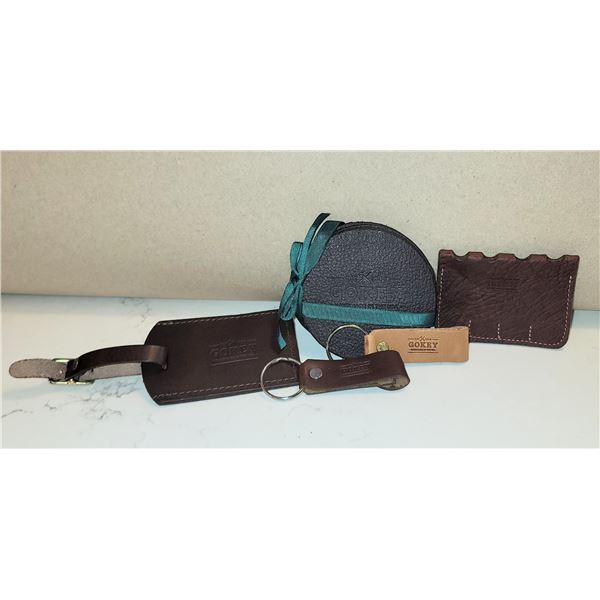 2 Leather Key Chains, Leather Luggage Tag, 4 Leather Coasters & Gokey Socks