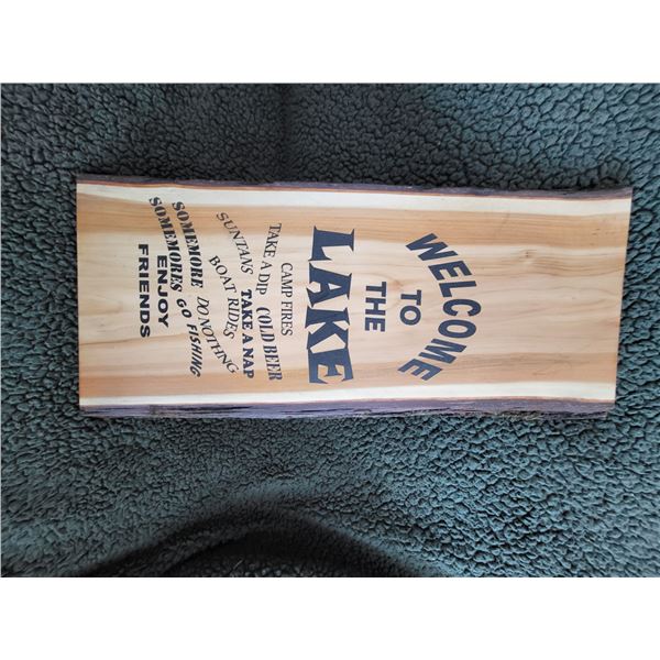 Laser burned wall sign - WELCOME TO THE LAKE on Cedar