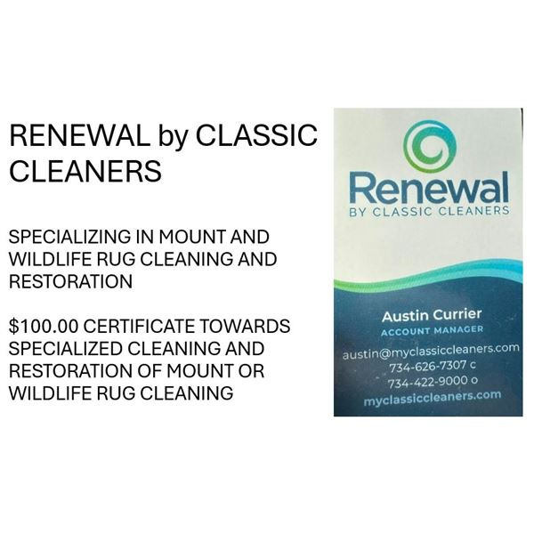 CLASSIC CLEANERS $100 certificate for wild game rug cleaning