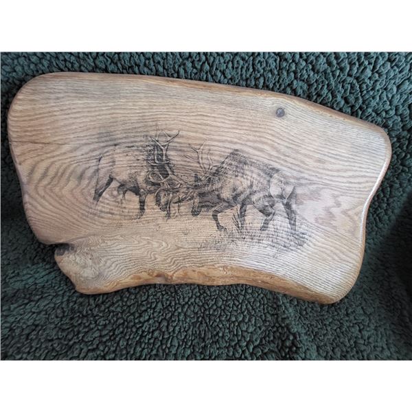 Laser burned wall sign - ELKS IN BATTLE on Oak Stab