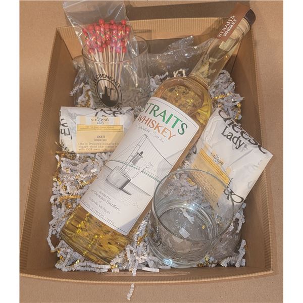 Straights Wiskey Basket w/Rocks 2 Glasses, Cocktail Picks, Vat 17 & Societe Roquefort Cheese