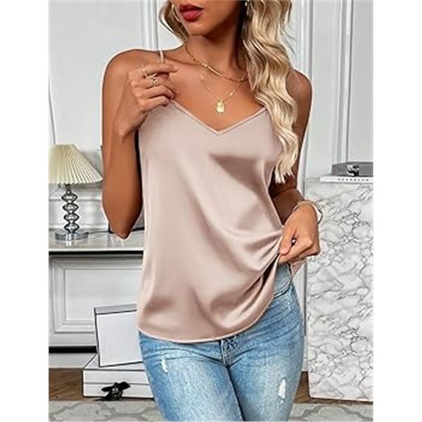 NEW ZEAGOO WOMENS V NECK SATIN TANK TOP CHAMPAGNE