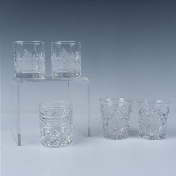 5pc Pattern Glass Toothpick Holders and Crystal Shot Glasses