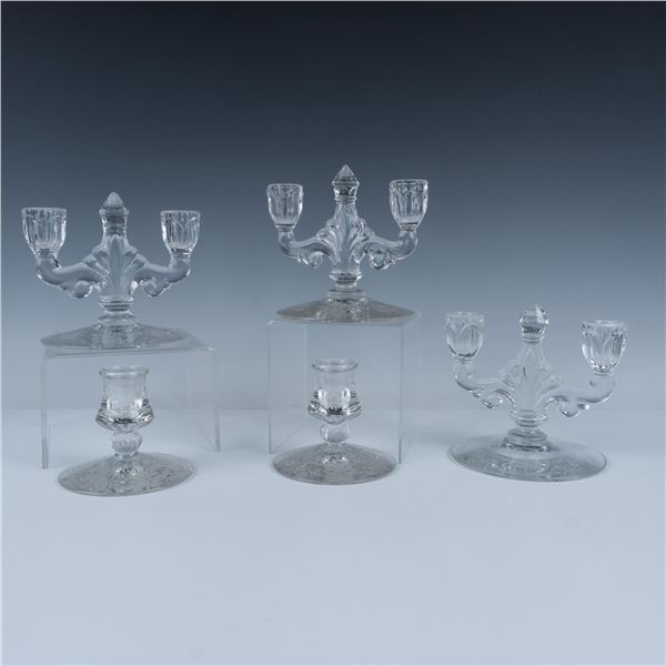 5pc Heisey Etched Glass Candleholders, Orchid