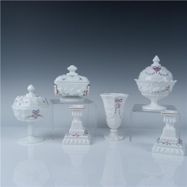 6pc Westmoreland Milk Glass Decorative Pieces, Roses & Bows