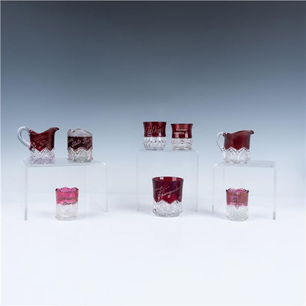 8pc Red Etched Glass Grouping, Toothpick Holders & More