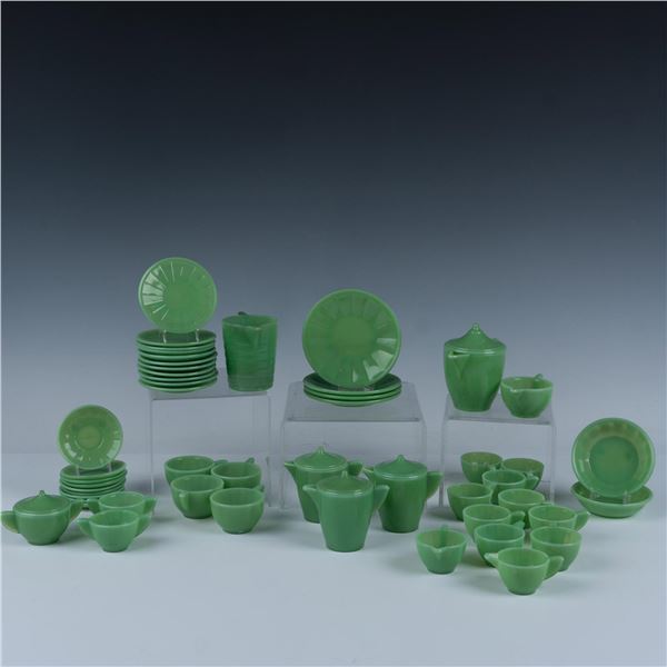 50pc Green Opaque Akro Glass Child's Dishes Grouping