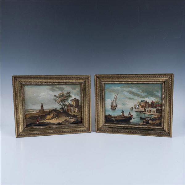 2pc Original Oil Paintings, Seascape and Landscape, on Board-Framed