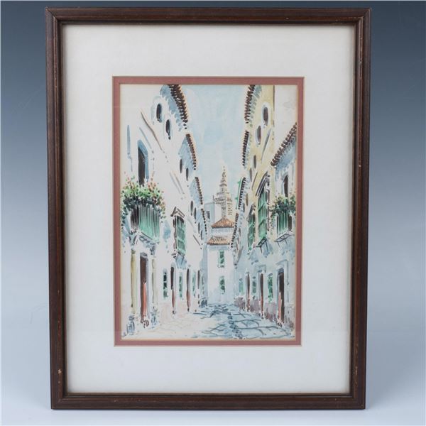 Original Spanish Street Scene Watercolor on Paper, Signed