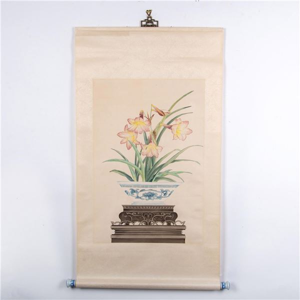 Asian Watercolor Botanical Painting on Silk Scroll