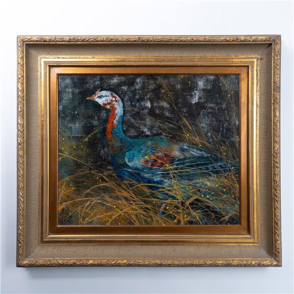 Original Asian Peacock Oil Painting, Signed