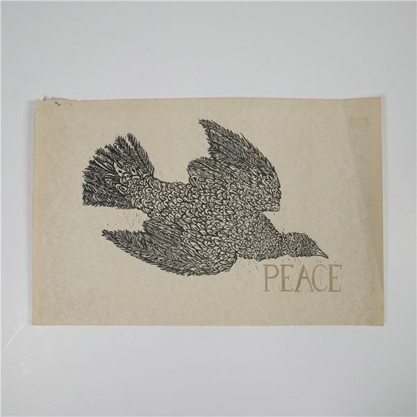 Original Woodcut on Paper, Bird with Peace