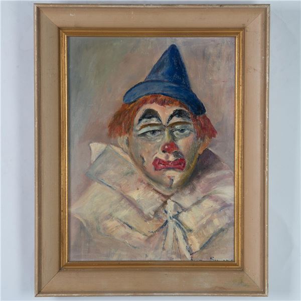 Ann Simons, Original Oil on Board, Portrait of Clown, Signed