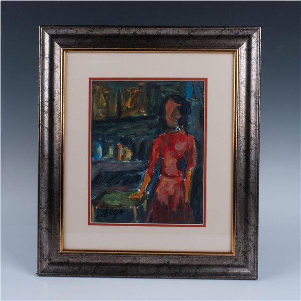 Artist Signed Gouache Painting on Paper, La Mujer De Rojo by Stoltz