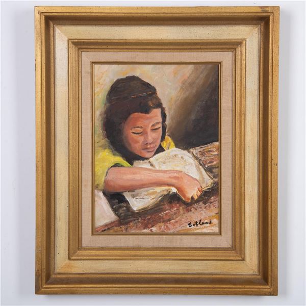 Original Oil on Canvas Board, Young Boy Reading, Signed