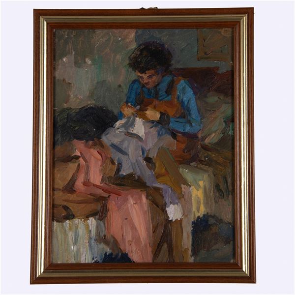 Sergey Solodovnick, Original Oil on Board, Woman Knitting
