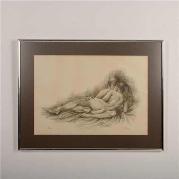 Original Lithograph on Paper, Erotic Nude Couple, Signed