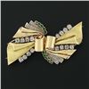 Image 2 : Antique 18k Gold 3.24 ctw Old Cut Diamond & Emerald Ribbon Dual Dress Clip Brooc