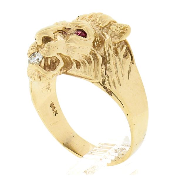 Vintage 14k Yellow Gold Diamond & Ruby Eyes Detailed Textured 3D Lion Head Ring