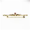 Image 5 : Vintage 14K Yellow Gold Round Blood Red Ruby Foliage Hand Etched Bar Pin Brooch
