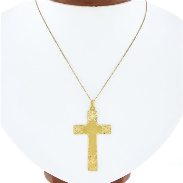 Vintage 18k Yellow Gold Large Hand Engraved Matte Cross Pendant w/ 18.5" Chain