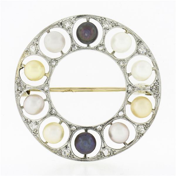 Antique Belle Epoque Platinum Multi Color Pearl Diamond Wreath Circle Pin Brooch