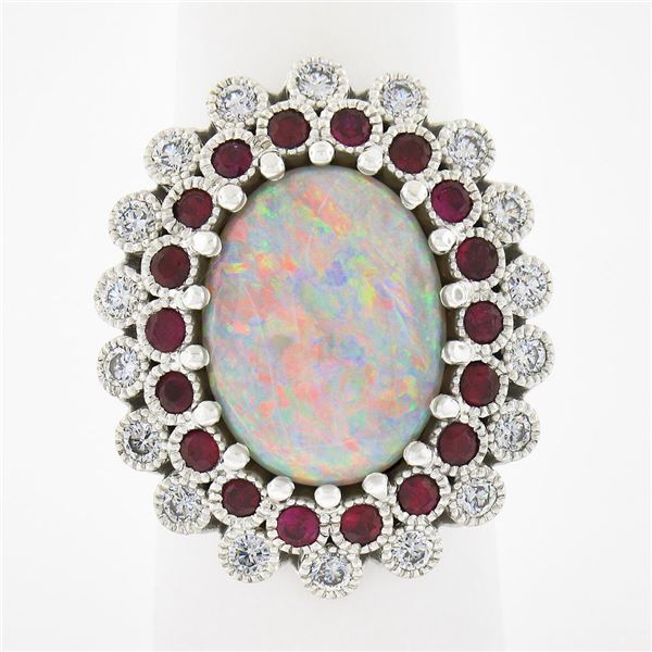 NEW Platinum 8.20 ctw GIA Oval Cabochon Opal w/ Ruby & Diamond Halo Cocktail Rin