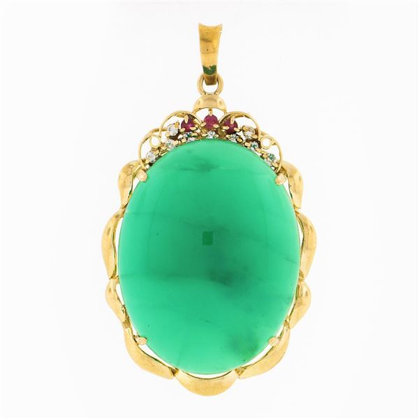 Vintage 18k Gold GIA Oval Cabochon Chrysoprase Diamond Ruby Wavy Frame Pendant