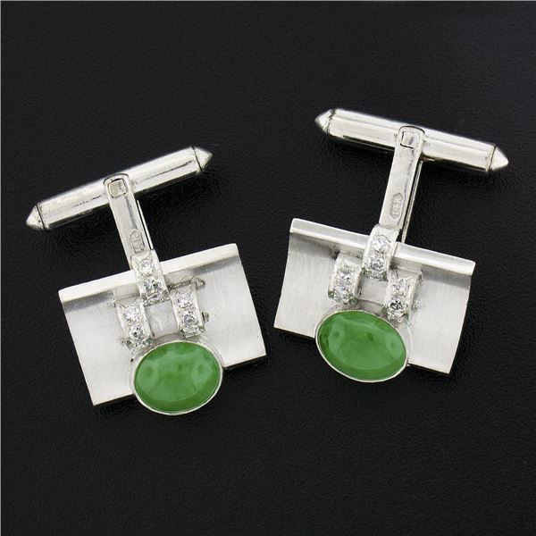 Vintage Astor 14K White Gold Oval Jade & Diamond Concave Rectangular Cufflinks