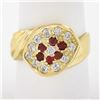 Vintage 18K Gold Round Pave Set Cubic Zirconia & Ruby Grooved Cluster Band Ring