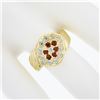 Image 3 : Vintage 18K Gold Round Pave Set Cubic Zirconia & Ruby Grooved Cluster Band Ring