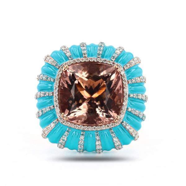 15.90 ctw Morganite and 1.94 ctw Diamond 14K Rose Gold Ring with Blue Enamel