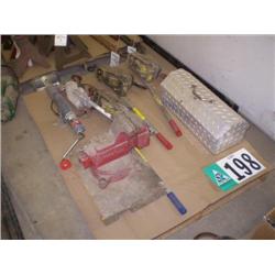 PALLET CONSISTING OF (4) COME-A-LONGS, TRAILER JACK, VISE, & TOOL BOXES