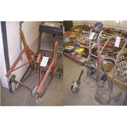 2 WHEEL BOTTLE CART, HAND TRUCK, RYOBI WEED EATER, & BARREL CART