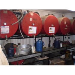 LUBE RACK SYSTEM INCLUDING; (5) 160 GALLON BARRELS W/CONTENTS, (1) 55 GALLON BARREL W/CONTENTS, GRAY