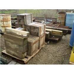 QUANTITY (2) PALLETS OF WOODEN BLOCKING, PALLET OF SHEET PILING, BARRELS OF ANCHOR BOLTS, & PALLET O