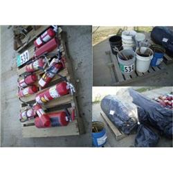 QUANTITY (3) PALLETS CONSISTING OF FIRE EXTINGUISHERS, ROLLS OF SAND BLOCKER, MISC NUTS & BOLTS