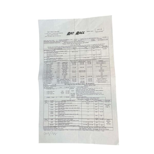 Rat Race (2001) - Call Sheet