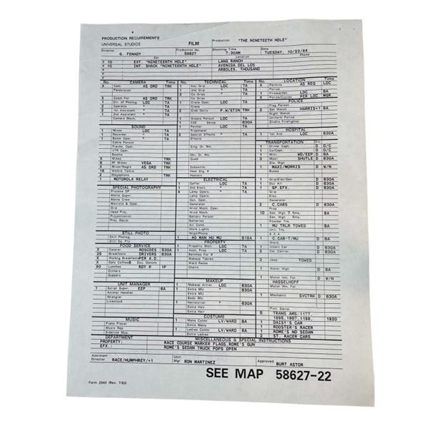 Knight Rider (1982 1986) - The Nineteenth Hole 1984 Call Sheet - David Hasselhof