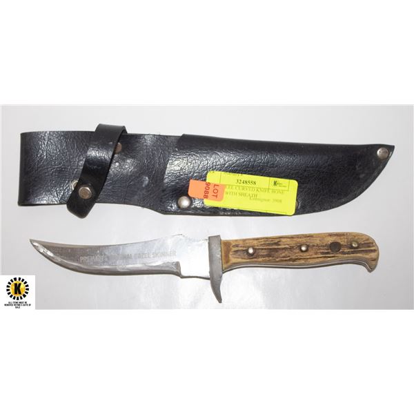 SOLID STEEL CURVED KNIFE BONE HANDLE WITH SHEATH