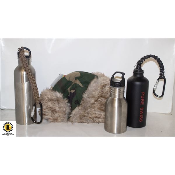 LOT OF3 ASSORTED STEEL WATER BOTTLES & TRAPPER HAT