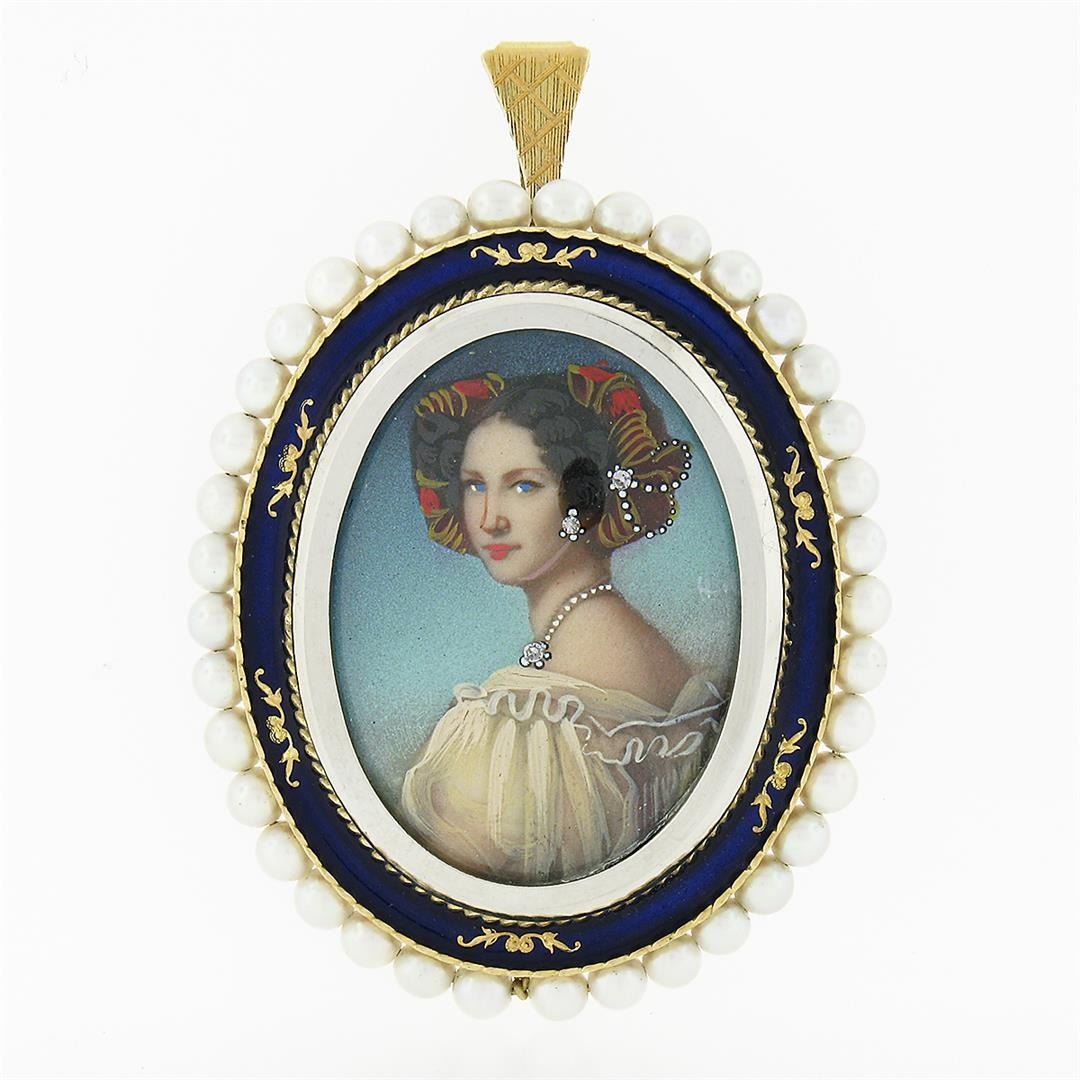 Vintage 18k Gold Oval Painted Portrait Diamond Enamel Pearl Frame ...