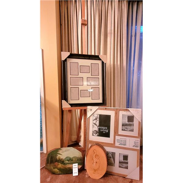 Easel, frames, art A
