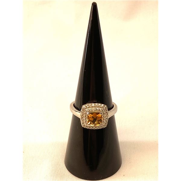 Brazilian Citrine & White Zircon Ring in Platinum over Sterling Silver